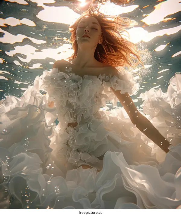 Woman in White Dress Floating Underwater