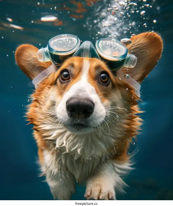 A cute corgi dog wearing swimming goggles swims underwater
