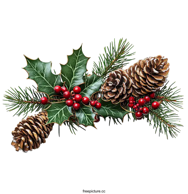 [Transparent Background PNG]Christmas Decoration Arrangement with Holly Berries and Pine Cones