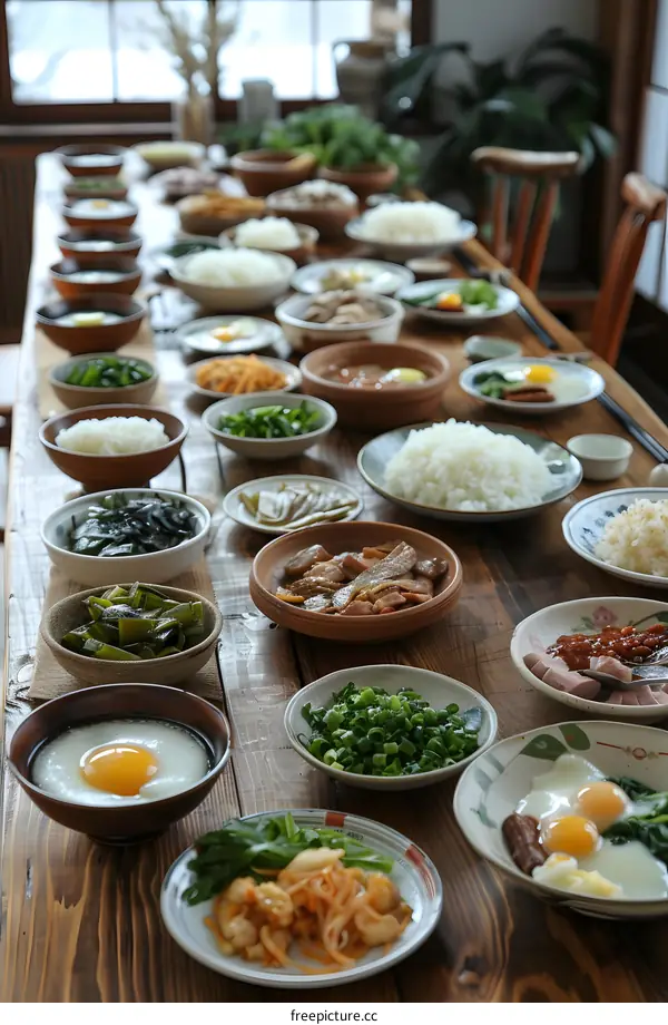 Traditional Japanese Food Table Setting with Various Dishes