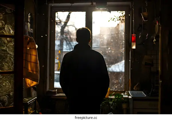 A man is standing with his back to the camera, looking out the window.