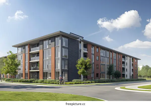 An illustration of a modern apartment building with a cyclist riding past