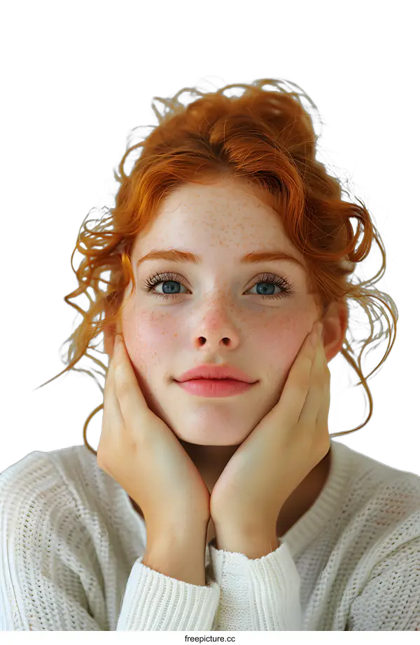 [Transparent Background PNG]Portrait of Young Woman with Red Hair and Freckles