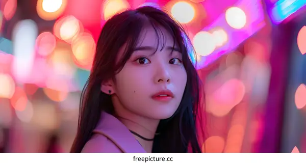Asian Woman Posing In Front of Colorful Neon Lights