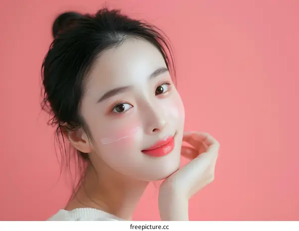 Portrait of a Young Asian Woman with Pink Background and Makeup