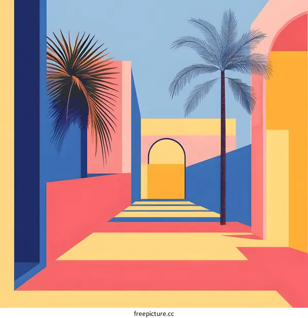 Abstract Minimalist Illustration of Palm Tree in Colorful Building Courtyard