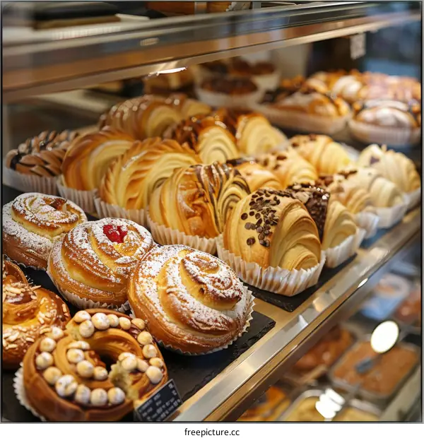Assortment of Freshly Baked Pastries in a Bakery