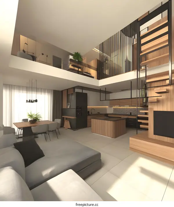 Modern Open Plan Living Room Kitchen Interior Design With Loft