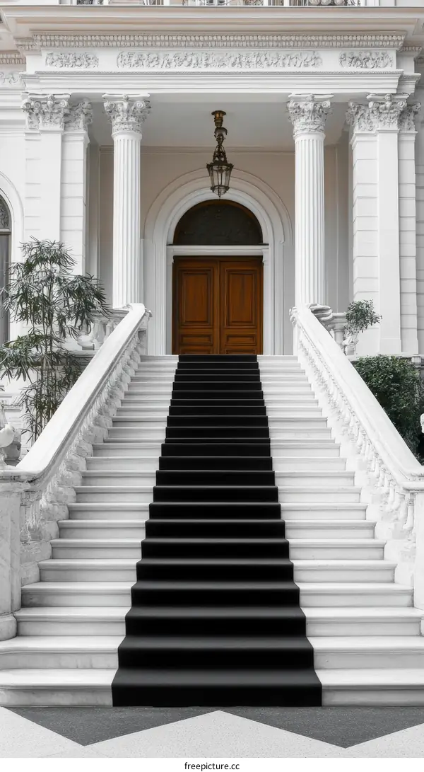 Grand Entrance Stairs with Elegant Black Carpet