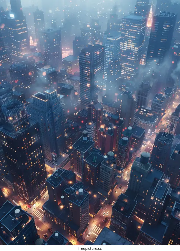 Aerial View of a Misty Cityscape at Night