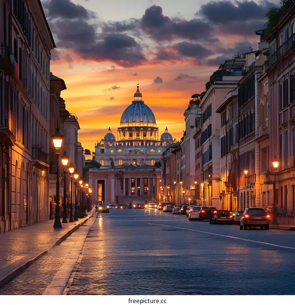 Sunset View of St Peters Basilica in Rome Italy