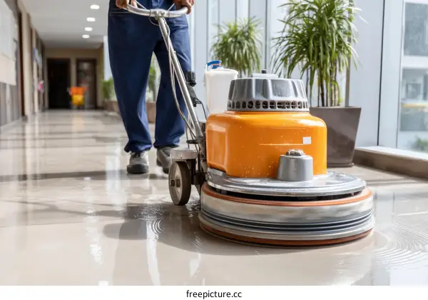 Floor Polishing Machine in Action Interior Cleaning