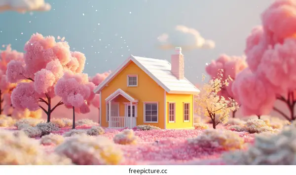 Tiny Yellow Cottage Surrounded by a Field of Pink Flowers