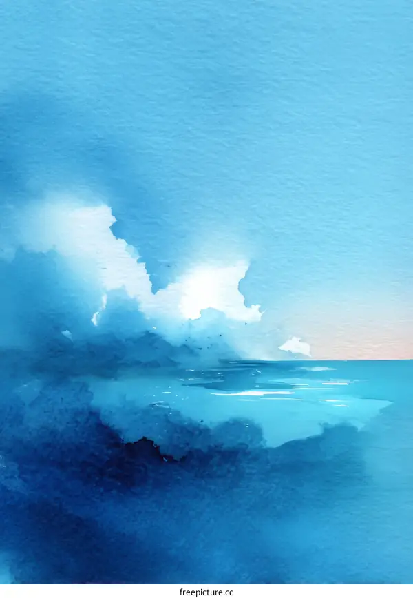 Watercolor Seascape with Dramatic Cloudscape