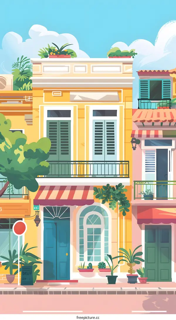 Colorful Buildings Illustration with Green Plants and Blue Sky