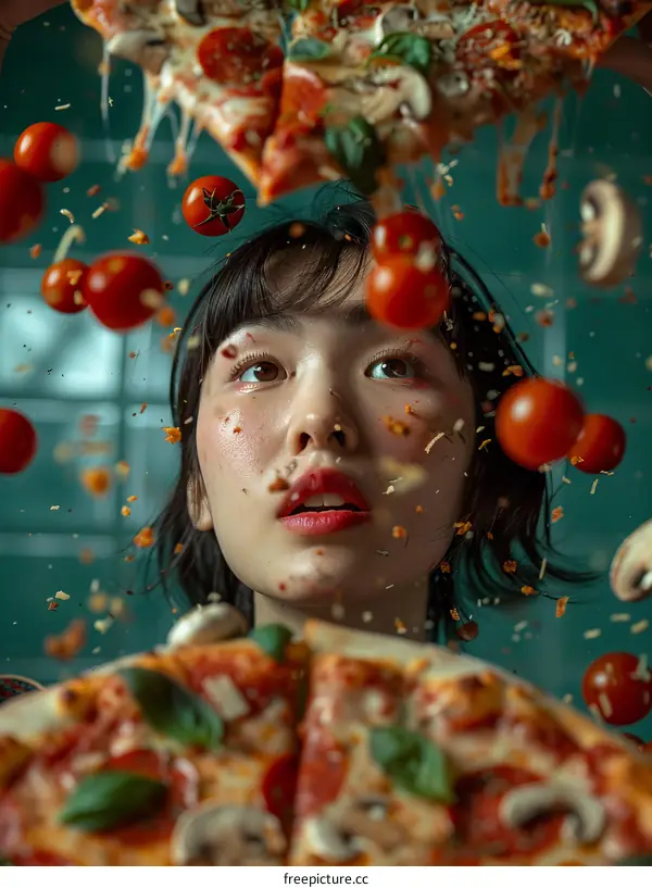 Woman with Flying Pizza Slices and Toppings