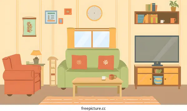 Cozy Living Room Illustration with Green Sofa and Orange Armchair