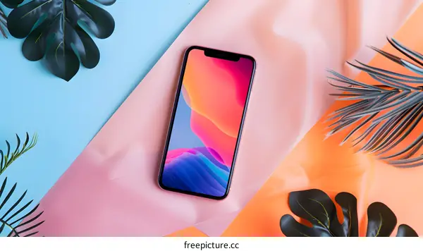 Phone with Colorful Background and Tropical Leaves