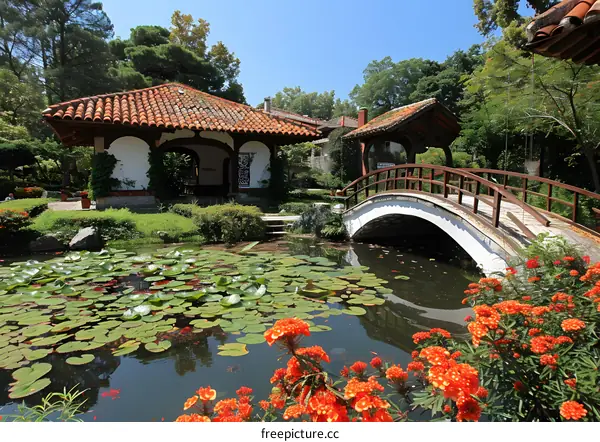 Wooden Bridge Over Pond With Water Lilies and Flowers