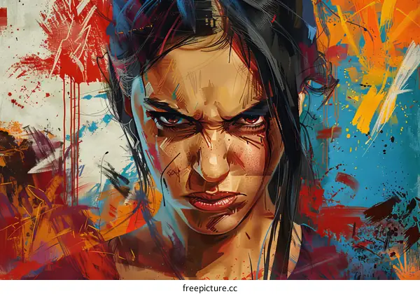 Angry Woman Portrait with Abstract Colorful Background