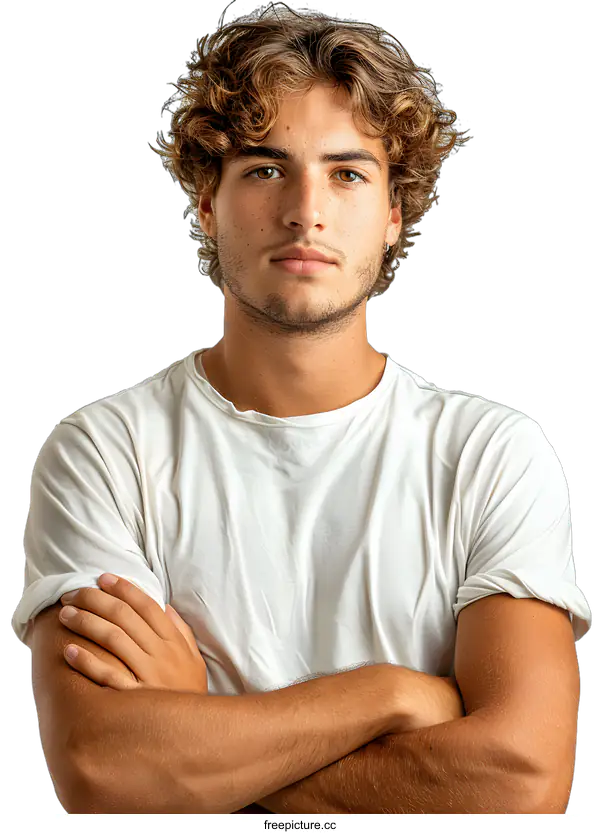 [Transparent Background PNG]Portrait of Young Man with Curly Hair and White T-Shirt