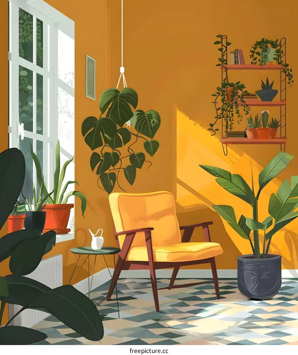 Yellow Armchair in a Sunlit Room with Plants