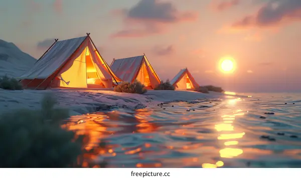 Three Tents by the Water at Sunset