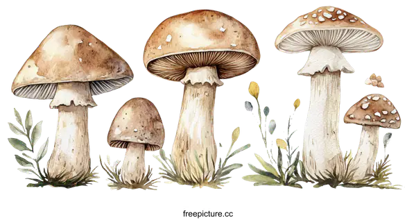 [Transparent Background PNG]Watercolor Illustration of Various Mushrooms and Flowers