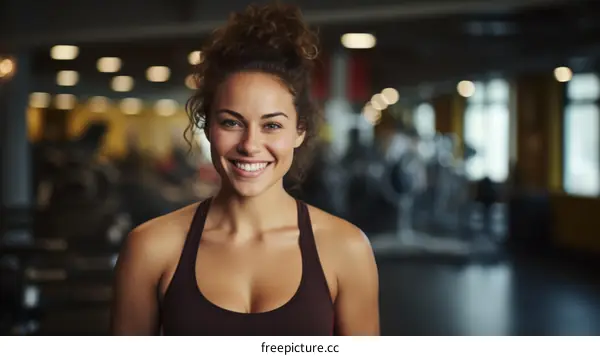 Portrait of a young woman in sportswear smiling in a fitness studio