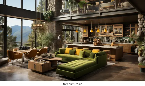 Modern mountain home interior living room kitchen dining room