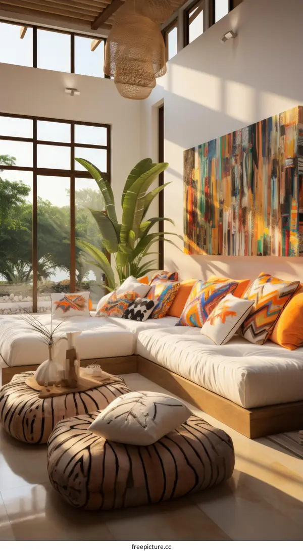 A Modern Living Room With Large Windows and a Colorful Painting