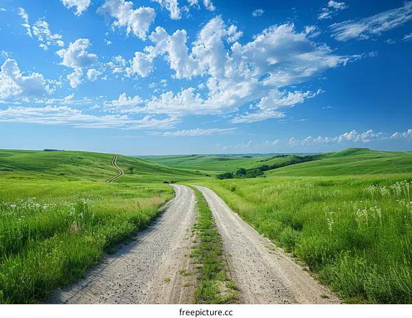 Rustic Country Road Winding Through Rolling Green Hills