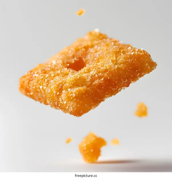 Single cinnamon sugar cookie square falling against a white background