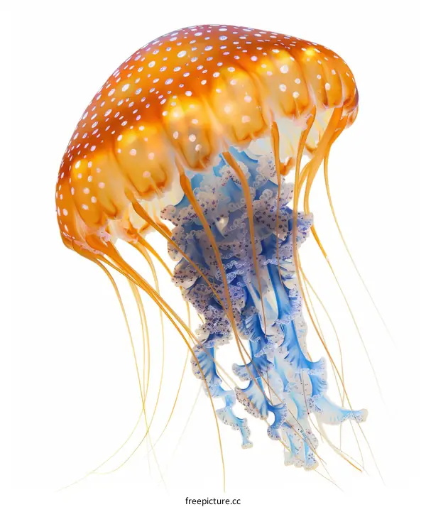 An illustration of a jellyfish with orange bell and blue tentacles