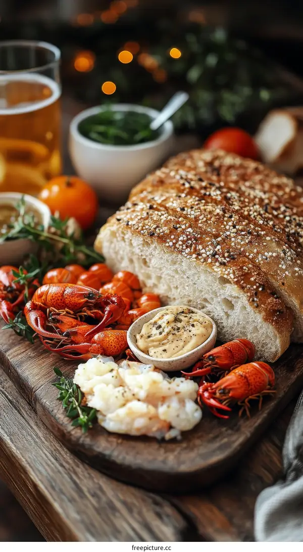 Delicious Seafood Feast with Crustaceans and Bread