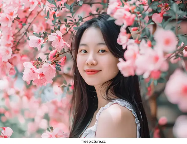 Smiling Asian Woman Standing in Front of Pink Flowers