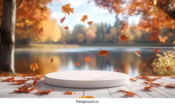 Autumn Lakeside Podium Display with Falling Leaves
