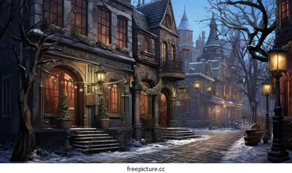 A Digital Painting of a Serene, Snowy European Medieval Town