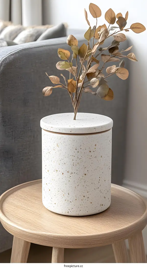 White Ceramic Vase with Dried Leaves on Wooden Table