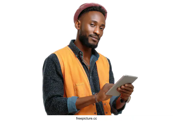 [Transparent Background PNG]African Man Using Tablet in Orange Vest