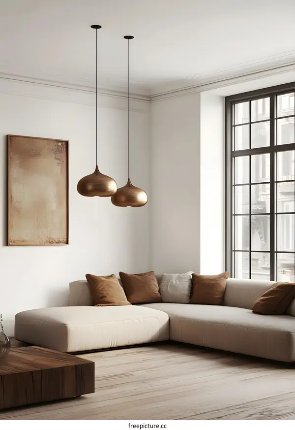 Modern Minimalist Living Room Interior Design with Brown Sofa and Gold Pendant Lights