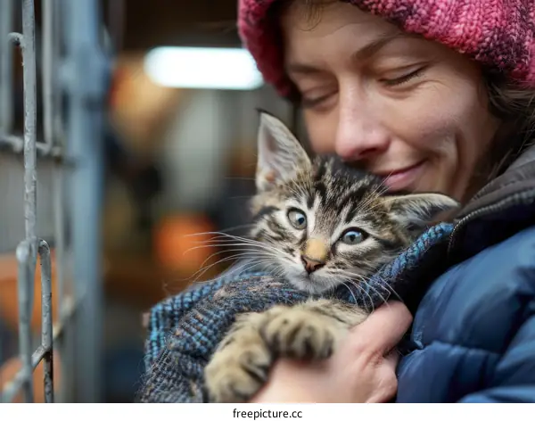 A tabby kitten being held by a woman wearing a pink beanie