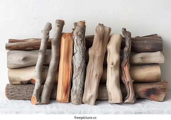 A variety of firewood logs arranged in a row