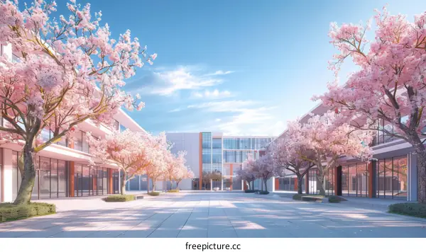Modern Office Buildings and Pink Blossom Trees