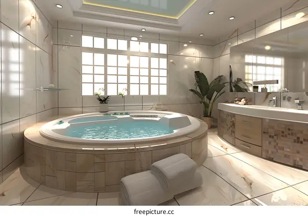 Modern Bathroom with Bathtub and Large Window
