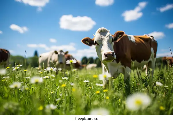 Cows grazing in a green field of grass and flowers on a sunny day