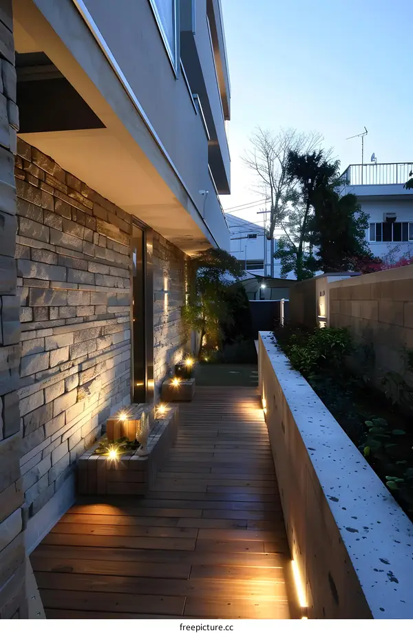 Modern House Exterior with Wooden Deck and Stone Wall