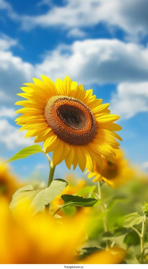 A field of sunflowers stretching to the horizon under a blue sky