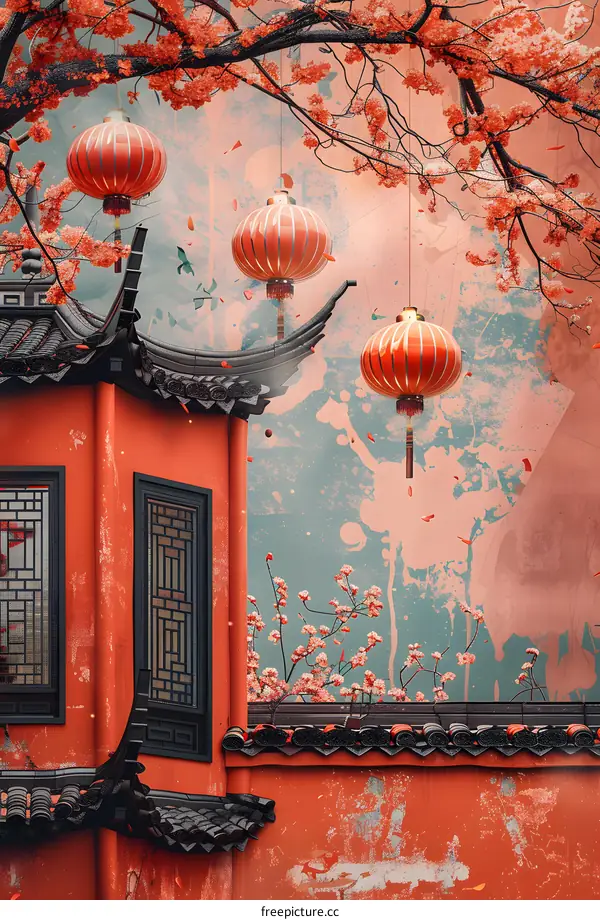 Chinese architecture and cherry blossoms