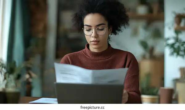 Focused Young Woman Reading Documents